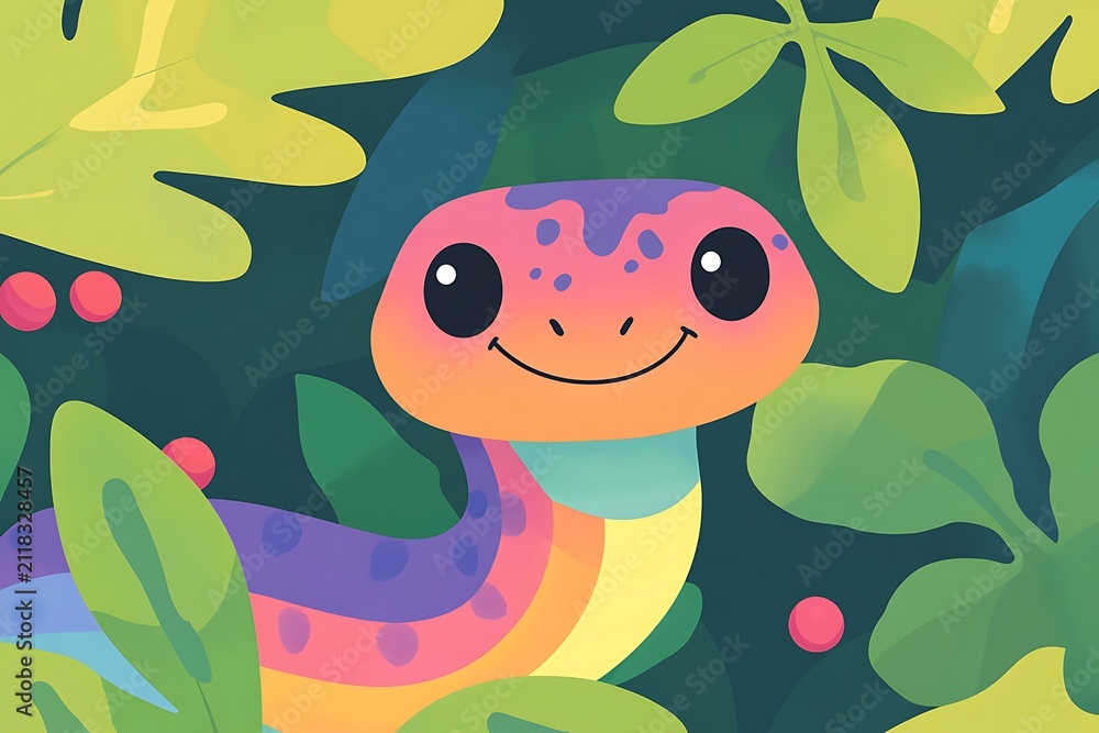 Fototapeta premium Colorful cartoon chameleon resting on vibrant green foliage