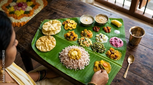 South indian onam sadhya feast served on a banana leaf