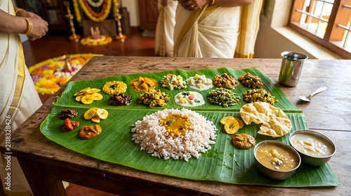 Traditional onam sadya meal served on a banana leaf