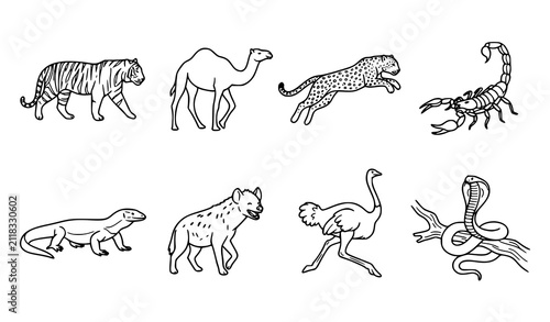 Canvas Print Wild Animals and Predators Line Art Icon Set with Tiger Camel Panther Scorpion L