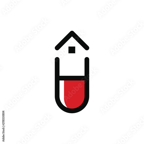 House Capsule Pill Logo Combining Home Silhouette and Medicine Capsule Line Art Vector Icon