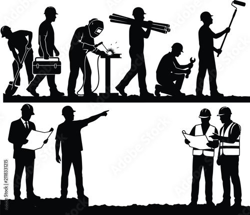 Construction Workers and Builders Silhouettes Set