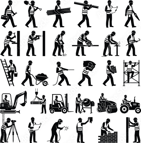 Construction Workers and Builders Silhouettes Collection Set
