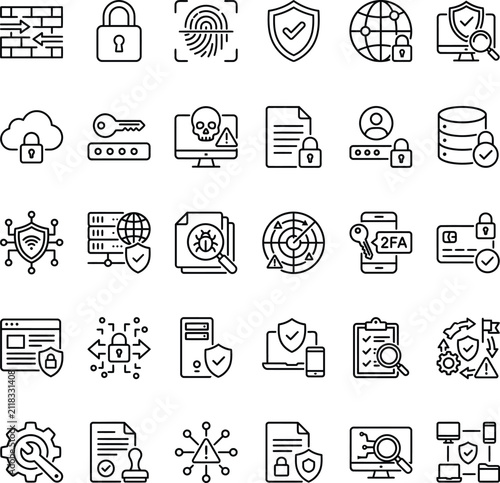 Cybersecurity and Network Protection Line Icon Set