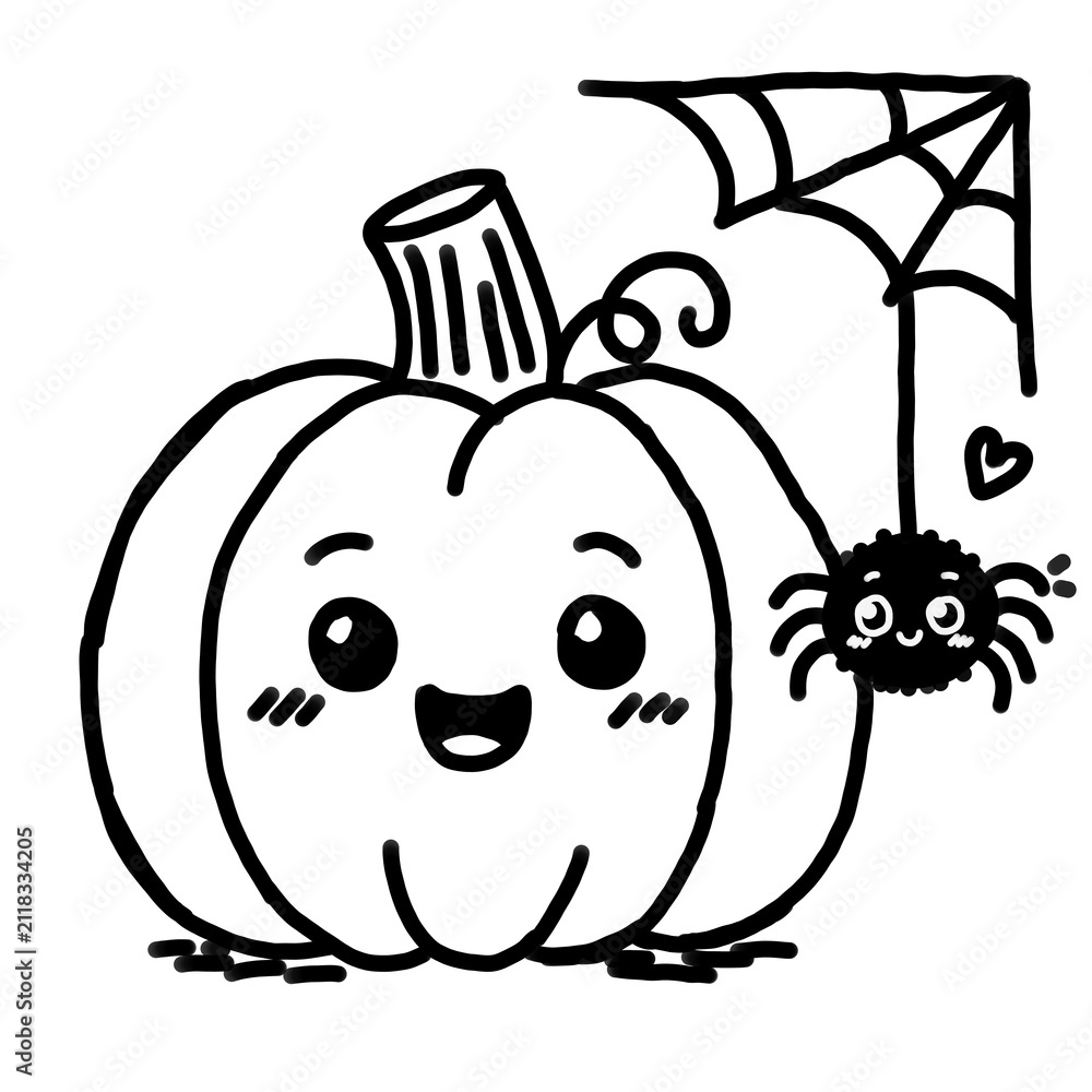 Fototapeta premium Cute Pumpkin with Hanging Spider Halloween Hand Drawn Doodle Vector Illustration