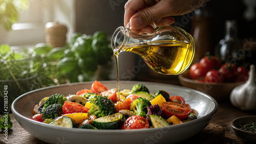World heart day. Vegetable, oil, salad, bowl, hand, kitchen fresh roasted food preparation with tomato broccoli zucchini for healthy meal