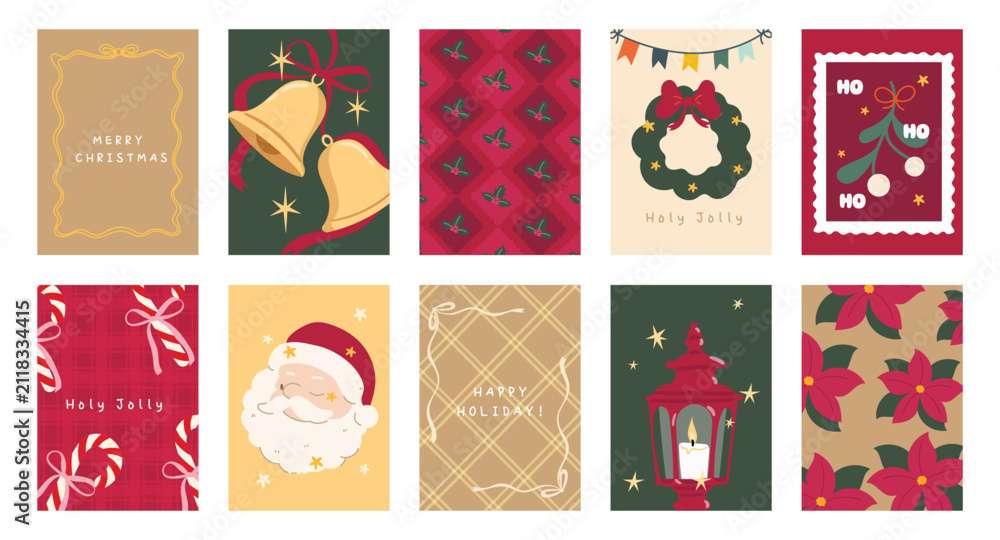 Obraz premium Christmas and Happy holiday greeting card vector set. Elegant wallpaper with geometric Christmas elements and pattern . Holidays design illustration for cover, print, poster, Happy New Year, ads.