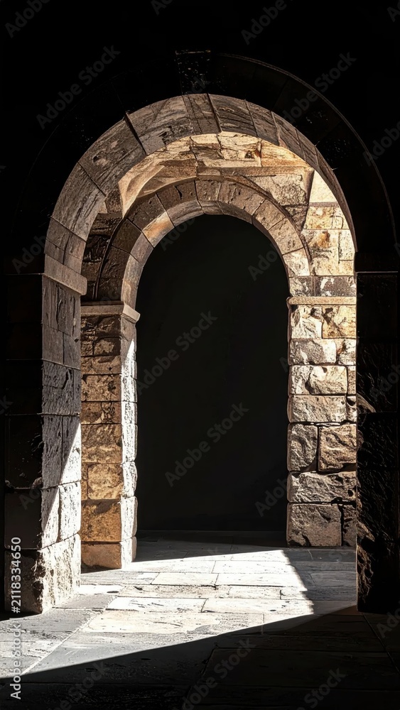 Fototapeta premium Ancient stone archway in shadowed doorway ruins.
