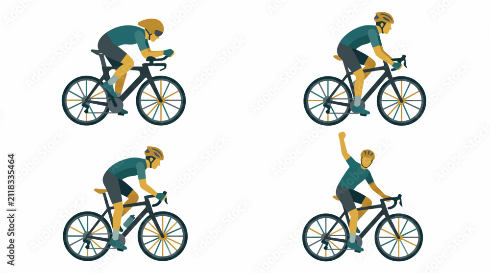 Naklejka premium Four illustrations depicting various stages and styles of a cyclist riding a road bicycle, including racing, casual riding, and celebrating victory.