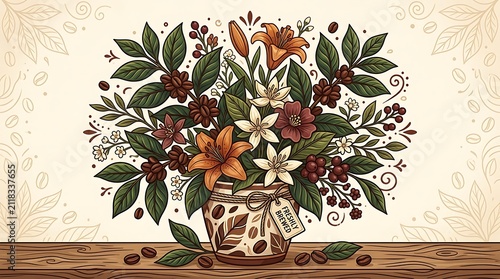 Rustic Coffee Plant Bouquet with Blooms and Berries in Decorative Jar on Wooden Surface, Hand-Drawn Style Illustration for Beverage Marketing