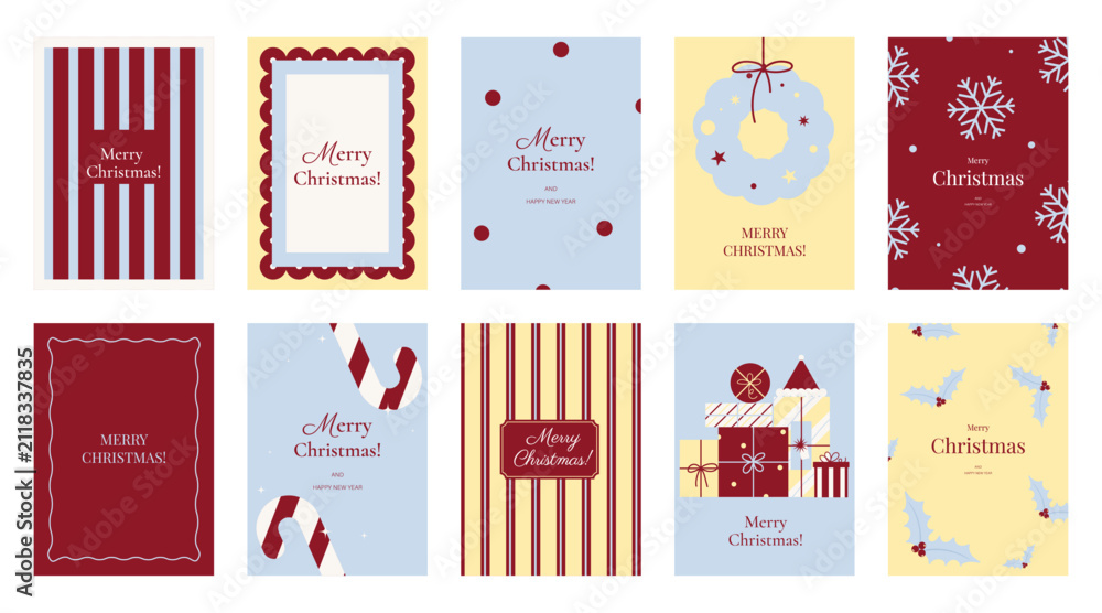 Obraz premium Christmas and Happy holiday greeting card vector set. Elegant wallpaper with geometric Christmas elements and pattern . Holidays design illustration for cover, print, poster, Happy New Year, ads.