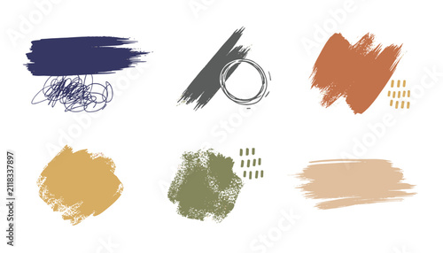 Minimalist abstract paint stroke compositions in earthy colors decorated with pencil circles, lines, and doodles.