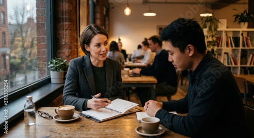 Business Meeting Collaboration Over Coffee In A Bright Modern Cafe