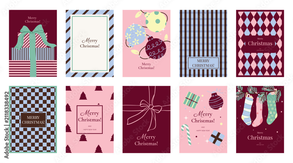 Obraz premium Christmas and Happy holiday greeting card vector set. Elegant wallpaper with geometric Christmas elements and pattern . Holidays design illustration for cover, print, poster, Happy New Year, ads.