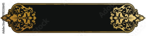 Gold Baroque frame with empty space, black background.