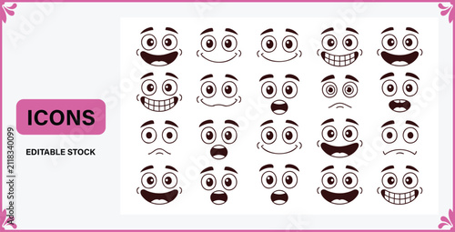 Collection of twenty cartoon character facial expressions and emotions