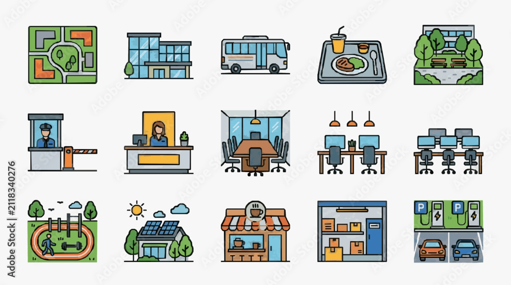 Fototapeta premium Professional Colorful Illustrated Icons Set Featuring Urban Life Workspaces Transportation and Facilities