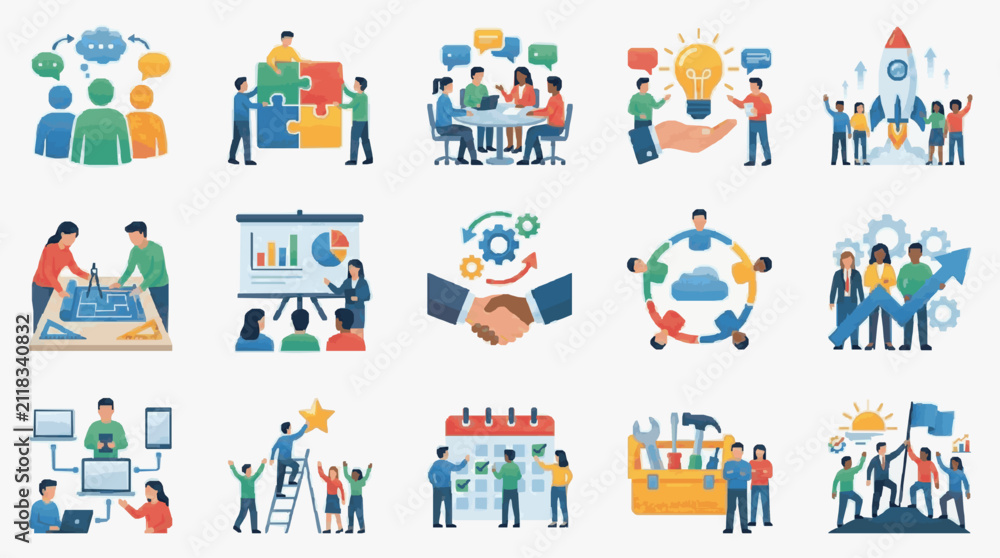 Fototapeta premium Industrial Showcasing Diverse Team Collaboration Innovation and Business Growth Concepts with Colorful Icons