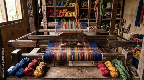 Traditional wooden handloom weaving vibrant textile in rustic workshop