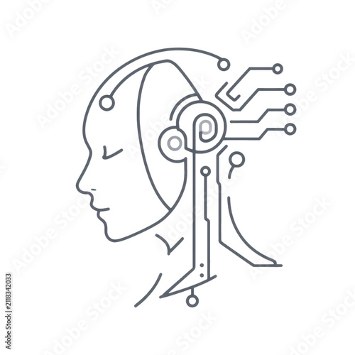 Outline of a human head combined with circuit lines and nodes, symbolizing artificial intelligence and the fusion of technology with the human mind