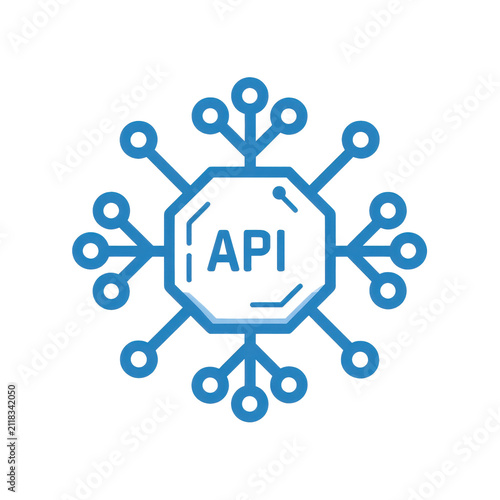 Blue API icon representing interconnected digital data points and integration hubs in a network structure
