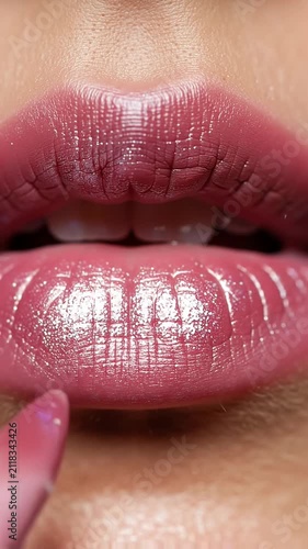 Full pink glossy lips with reflective shine close up.