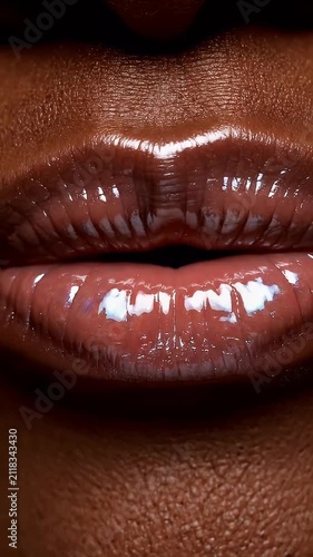 Glossy brown lips with visible white teeth close up