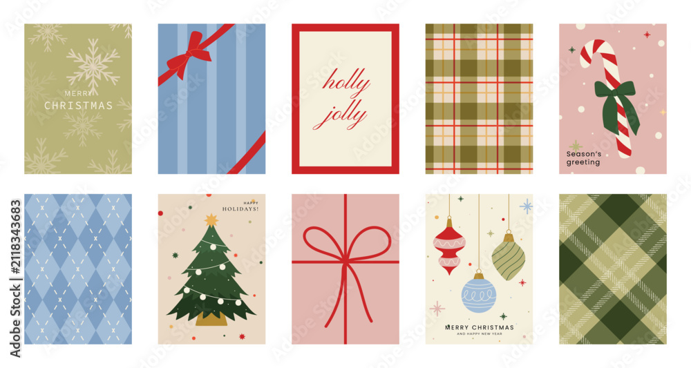 Obraz premium Christmas and Happy holiday greeting card vector set. Elegant wallpaper with geometric Christmas elements and pattern . Holidays design illustration for cover, print, poster, Happy New Year, ads.