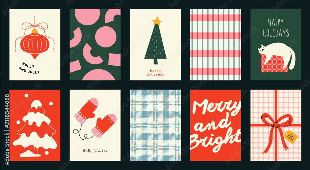 Obraz premium Christmas and Happy holiday greeting card vector set. Elegant wallpaper with geometric Christmas elements and pattern . Holidays design illustration for cover, print, poster, Happy New Year, ads.