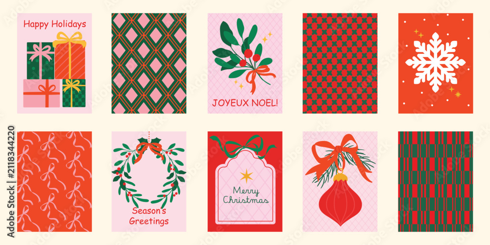 Obraz premium Christmas and Happy holiday greeting card vector set. Elegant wallpaper with geometric Christmas elements and pattern . Holidays design illustration for cover, print, poster, Happy New Year, ads.