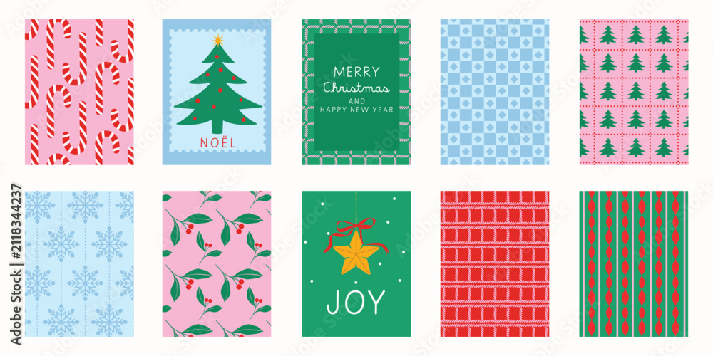 Obraz premium Christmas and Happy holiday greeting card vector set. Elegant wallpaper with geometric Christmas elements and pattern . Holidays design illustration for cover, print, poster, Happy New Year, ads.