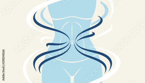 Graphic illustration of a female torso with stylized blue and white curves wrapped around the waist to represent digestion or weight loss.
