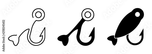 Fotografie Fishing Hook and Lure Icons, Vector Set: Simple Outline, Solid Black, and Detail