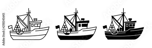Konstfotografi Fishing Trawler Vector Icons, Marine Vessel Illustrations, Commercial Boat Graph