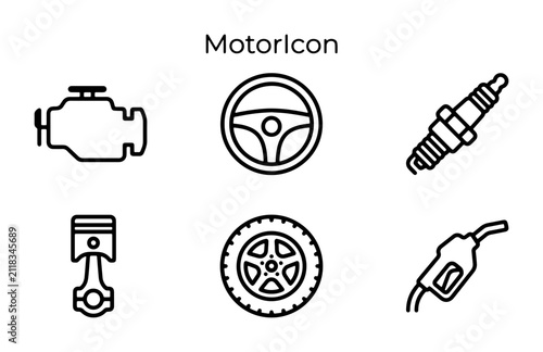 Motor Icon Set: Engine, Steering Wheel, Spark Plug, Piston, Wheel, Fuel Nozzle, Automotive Symbols, Vehicle Components, Clean Line Art