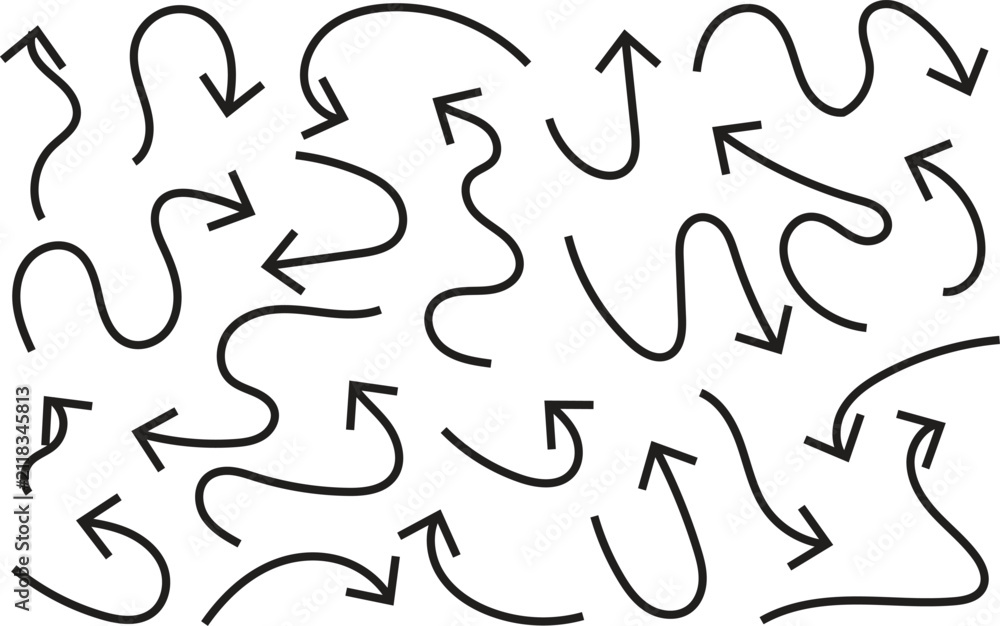 Fototapeta premium Set of hand drawn wavy arrows sketch collection