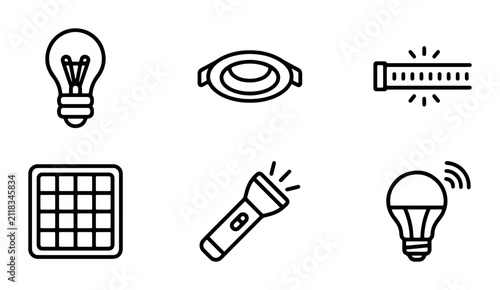 Bild auf Leinwand Illumination Icons Set: Lightbulb, Recessed Light, LED Strip, Solar Panel, Flash