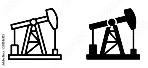 Oil Pumpjack Icons, Black and White Vector Illustrations of Petroleum Extraction Equipment for Industry and Energy Concepts
