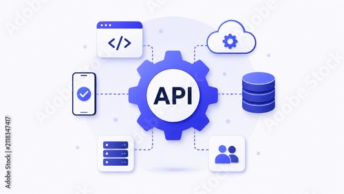 Blue API concept illustration showing a central gear labeled API connected to cloud, database, mobile, server, and user icons