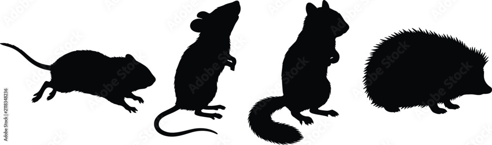 Obraz premium Set of black silhouettes of small rodents and mammals including mouse and hedgehog