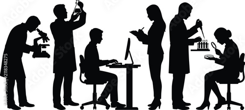 Black silhouettes of scientists working in a laboratory setting with various equipment