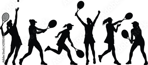 Black silhouettes of women playing tennis in various action poses on white background