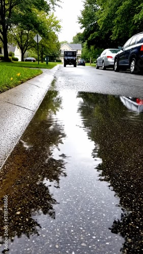 Rain puddle reflecting trees on suburban asphalt street.
