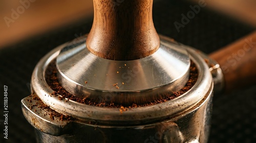 Close-up of Espresso Tamper Pressing Coffee Grounds in Portafilter for Barista Preparation and Cafe Service