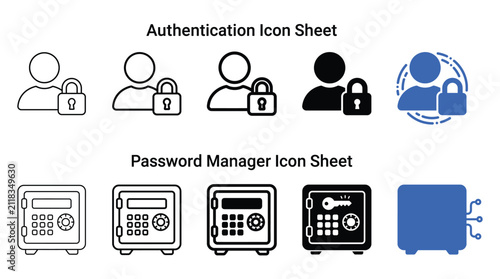Authentication and password manager vector icon collection displaying various user lock and steel safe designs in black outlines and flat blue solid colors for digital security