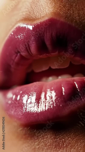 Shiny plum purple lips close-up detail.