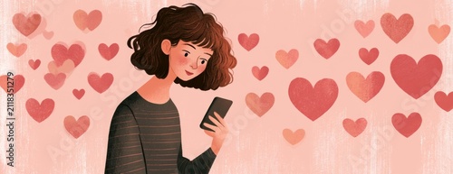 Young woman chatting on a dating app on phone with hearts around  