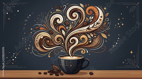 Artistic Swirls of Coffee Aroma Rising from a Dark Cup with Beans on a Wooden Table, Visualizing Warmth and Flavor
