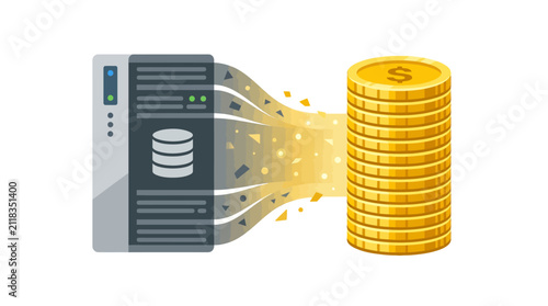 Vector illustration of data server converting to gold money coins
