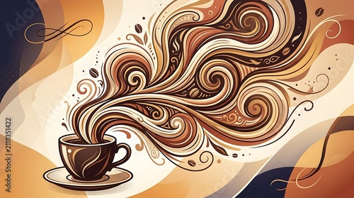 Steaming Coffee Cup with Swirling Aroma Artful Design, Morning Beverage Experience, Warm Abstract Background, Food and Drink Concept